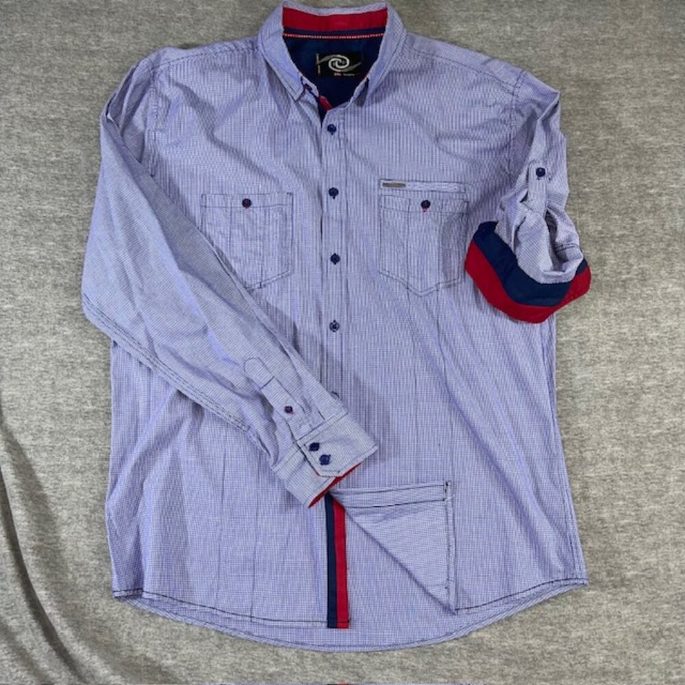 Cavier Dreams Mens Button-Up Navy White Check Convertible Sleeve size 2XL Cotton